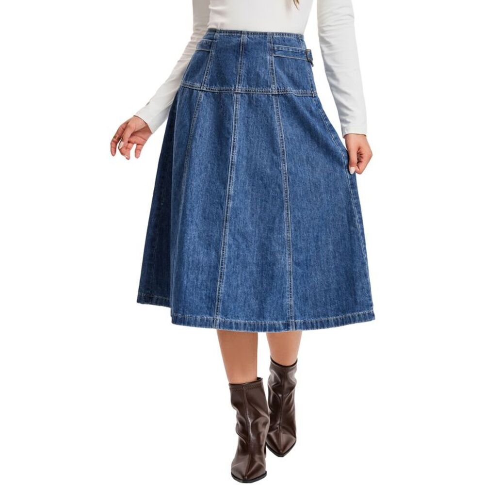 Womens High Waist Midi Denim Skirt A-Line Seamed Hem Jean Skirts Blue